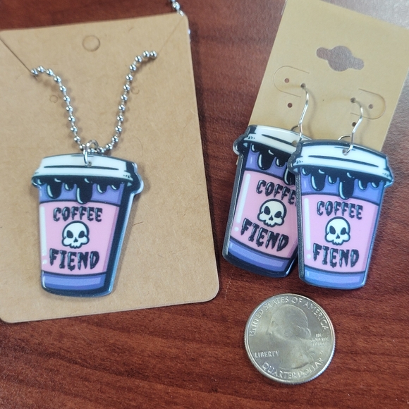 New Coffee Fiend Acrylic Earring and Necklace Set Stainless Steel - Picture 2 of 6